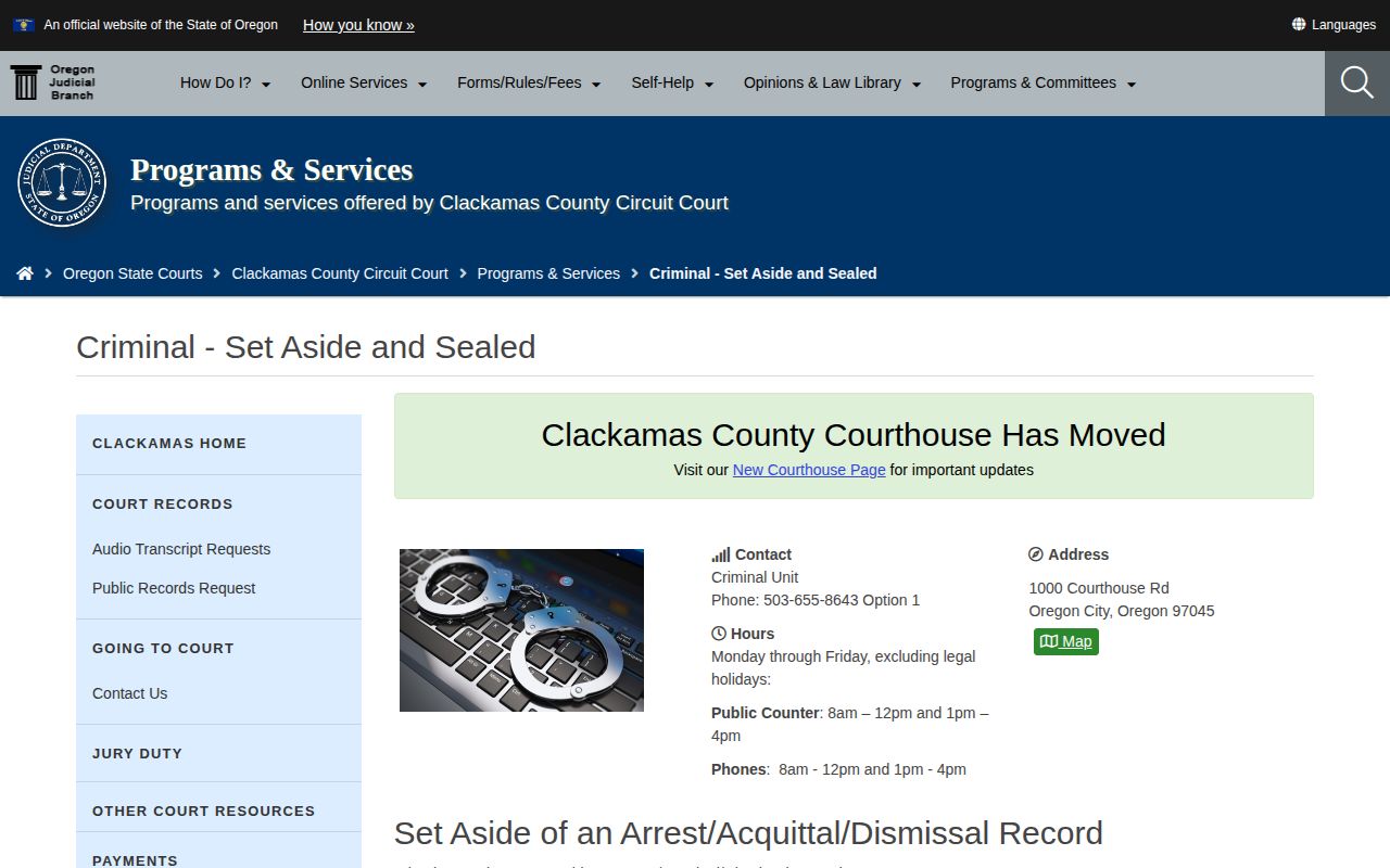 Clackamas County Circuit Court criminal set-aside record-access page