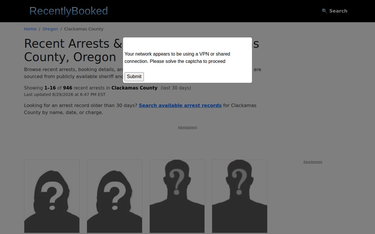 Clackamas County secondary RecentlyBooked records section