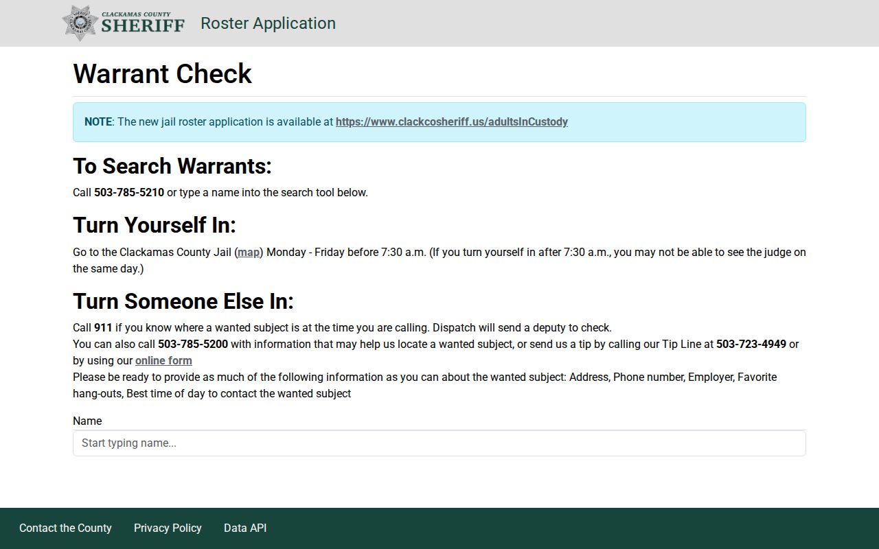 Clackamas County official warrant-check search interface